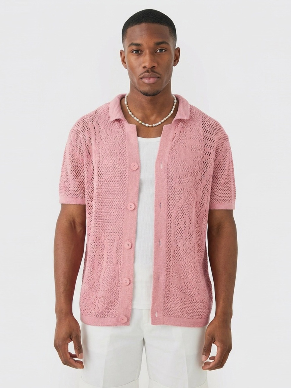 boohooMAN Boxy Oversized Open Stitch Pink Short Sleeve Knit Shirt - Medium